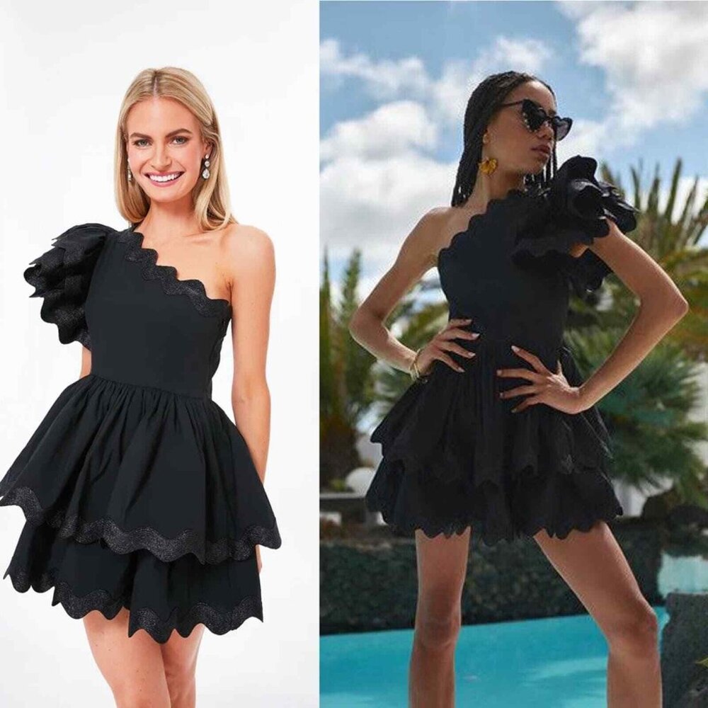 NEW CELIA B Lava Dress One Shoulder Black Cocktail Mini, Ruffles, XS SOLD OUT